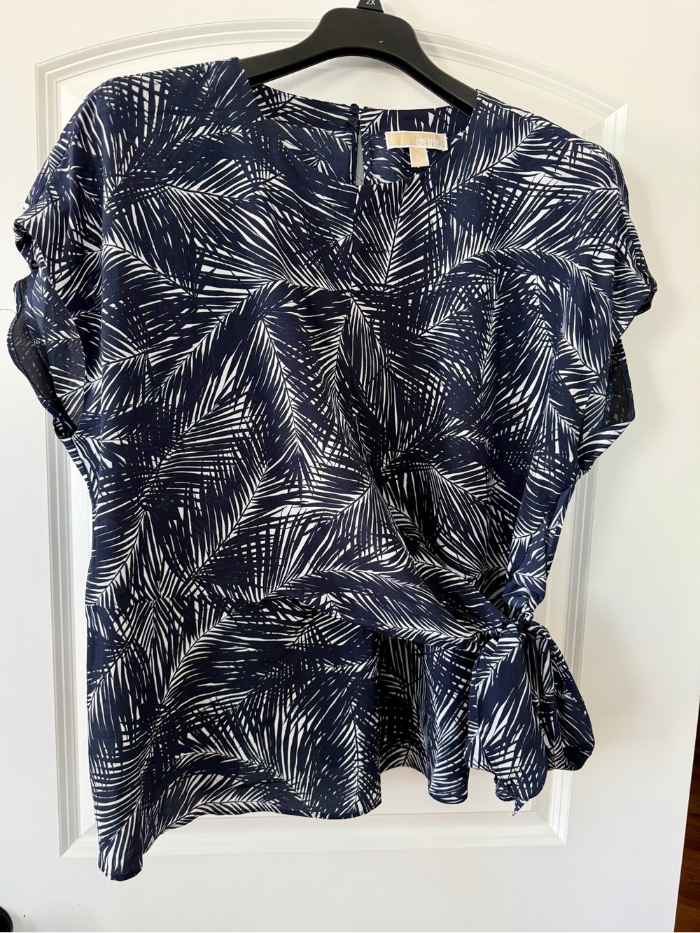 MICHAEL Michael Kors Navy and White Palm-Print Side-Tie Blouse